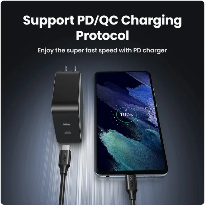 UGREEN PD100W 5A USB C a USB C Cable de carga rápida 5A Tipo C TPE Shell Cable para iPhone 15 MacBook Cable de Material de PVC negro