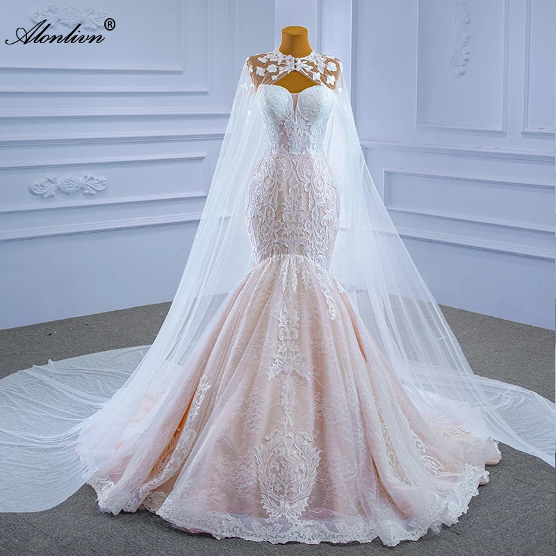 Alonlivn Beauty Lace Strapless Mermaid Wedding Dresses Appliques Embroidery Bridal Gown With Detachable Cloak