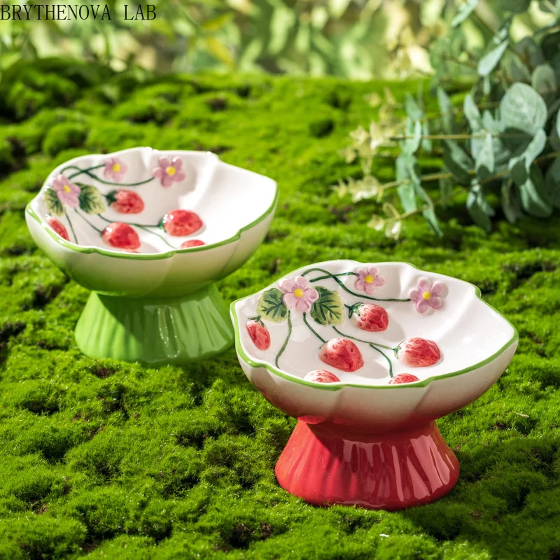 elevated-ceramic-cat-slow-feeder-bowl-with-strawberry-design-–-raised-food-pet-and-water-dish-for-cats-and-small-dogs