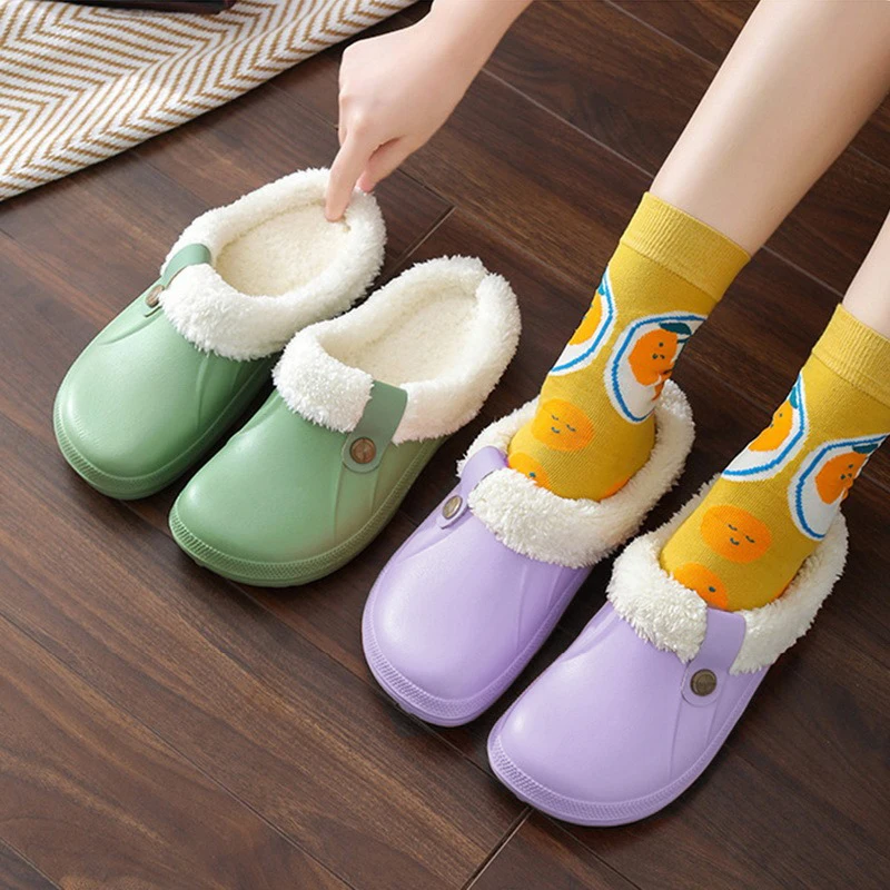 Hot Winter Casual Clogs Slippers Women Waterproof Garden Shoes Outdoor Non-Slip Fur Soft Plush Slippers Unisex Bedroom Shoes