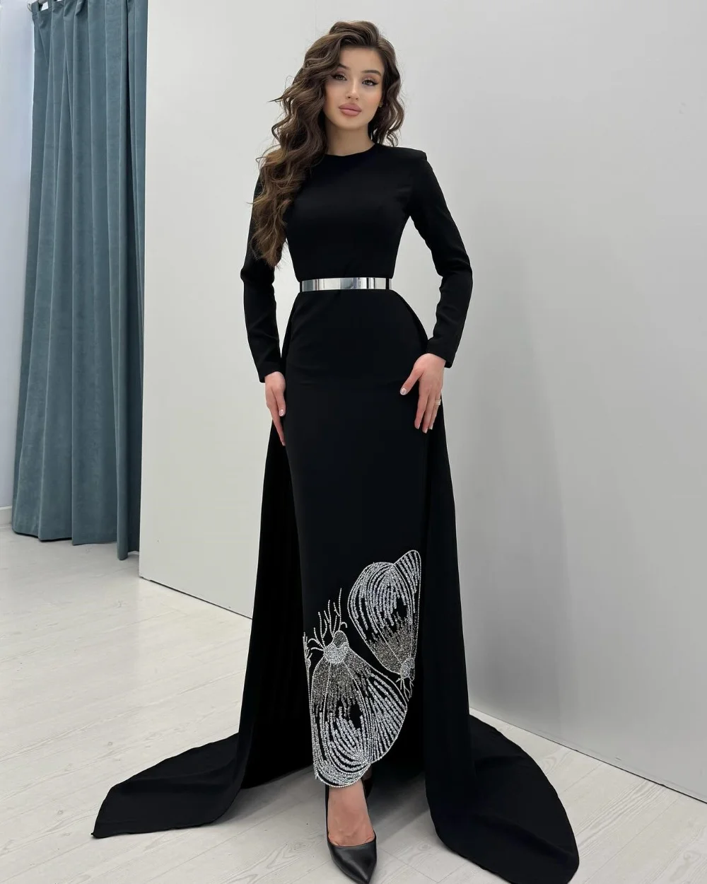 

Customized High Quality Exquisite Jersey Sequined Rhinestone Beading Sash Straight O-Neck Long Dresses Bespoke Occasion Dresses