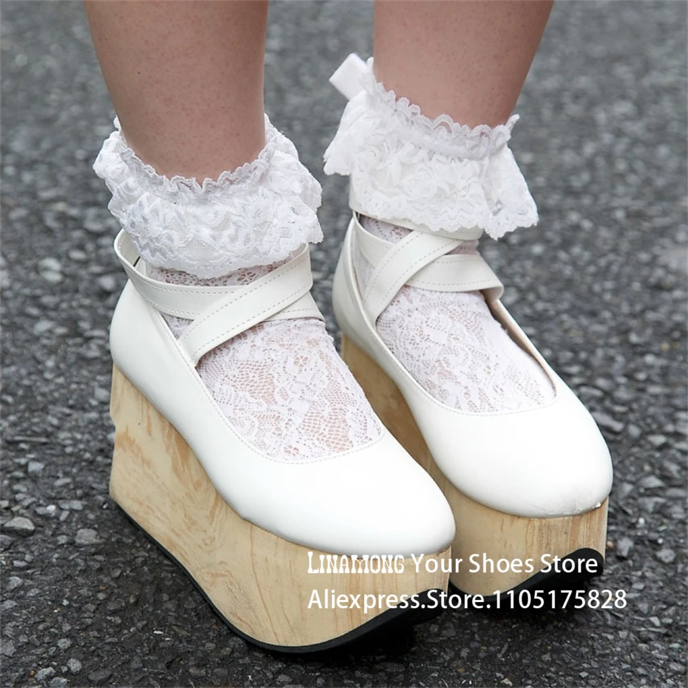 Sapatos de plataforma exclusivos de couro pu branco fita tira no tornozelo sapatos de salto estranho estilo kawaii quimono cosplay saltos personalizados multicoloridos