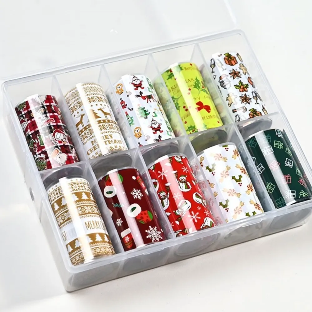 10Rolls 3D Cute Snowman/Elk/Santa Claus Nail Transfer Foil Stickers Christmas Red Green Gold Nail Decals Nail Transfer Sliders