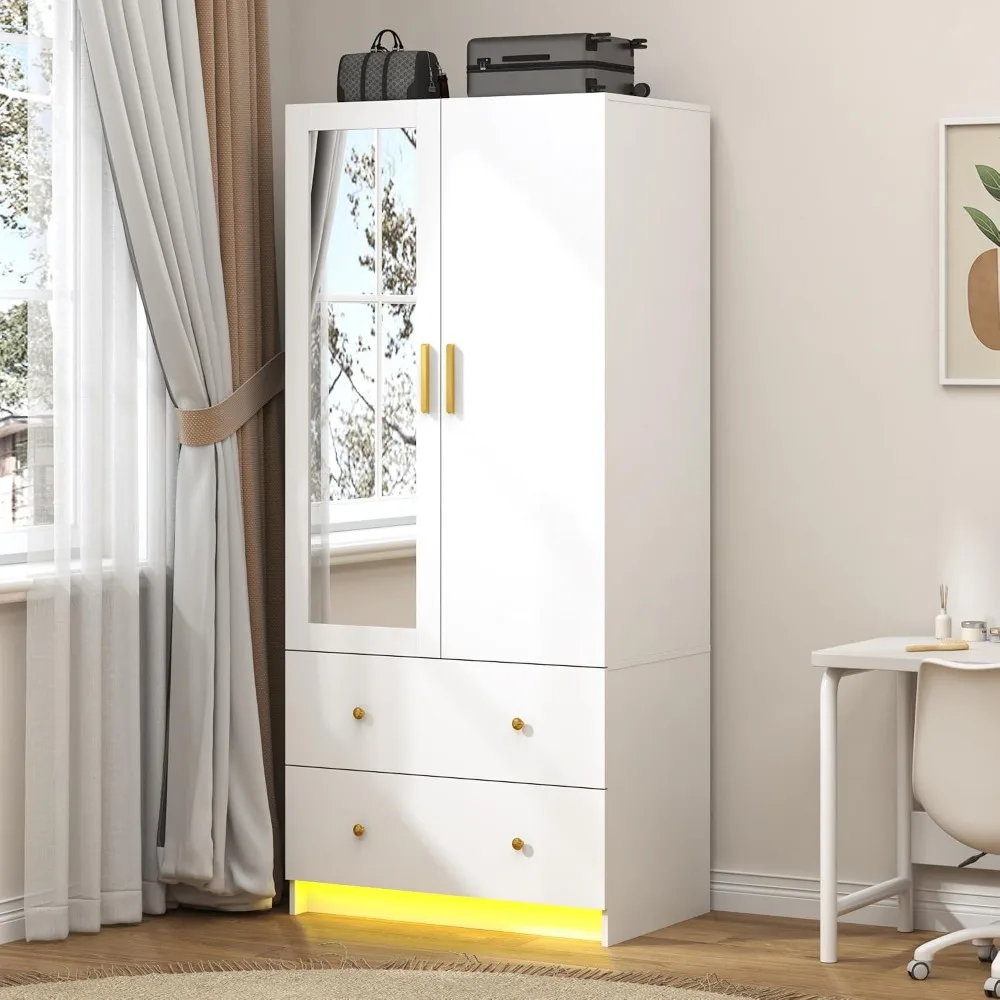 Aliexpress 2 Door Wardrobe Closet with Mirrors and LED Lights, Small Bedroom Armoire with Drawers, Modern Wooden Armoire Wardrobe Closet - Aliexpress Deal