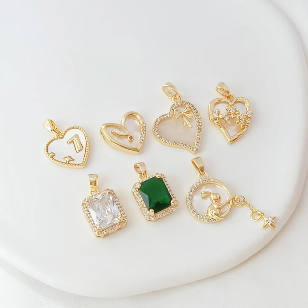 14K Gold-plated, Zirconium-inlaid, Beaded, Heart-shaped Rabbit Transparent Square Pendant, DIY Handmade Bracelet Pendant