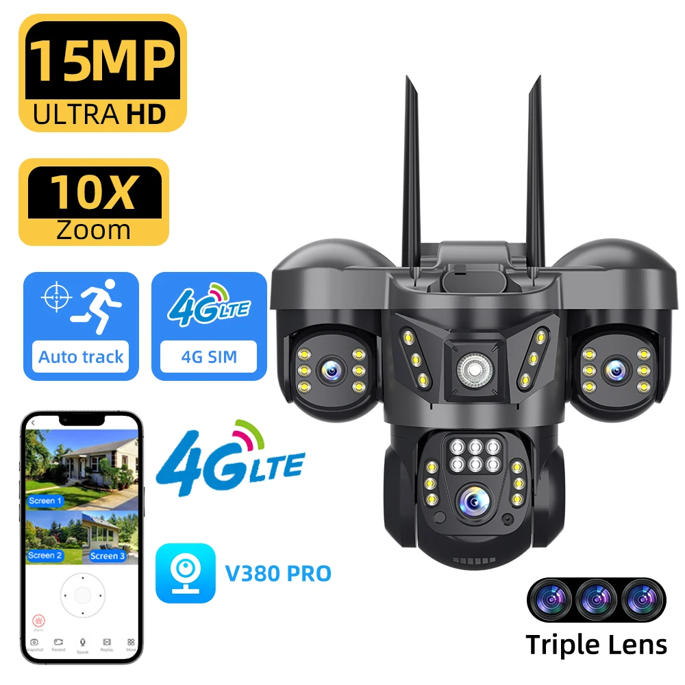 

V380 PRO Ranch Security Camera 6K 15MP HD IP66 Waterproof Triple Lenses Three Screens Remote Monitoring Outdoor CCTV Camera
