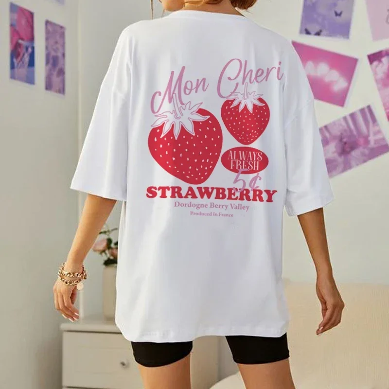 

Women Y2k Aesthetic Streetwear Graphic Tees Cute Loose Strawberry Back Print T Shirts Fruit T-Shirt Female Cottagecore Clothes