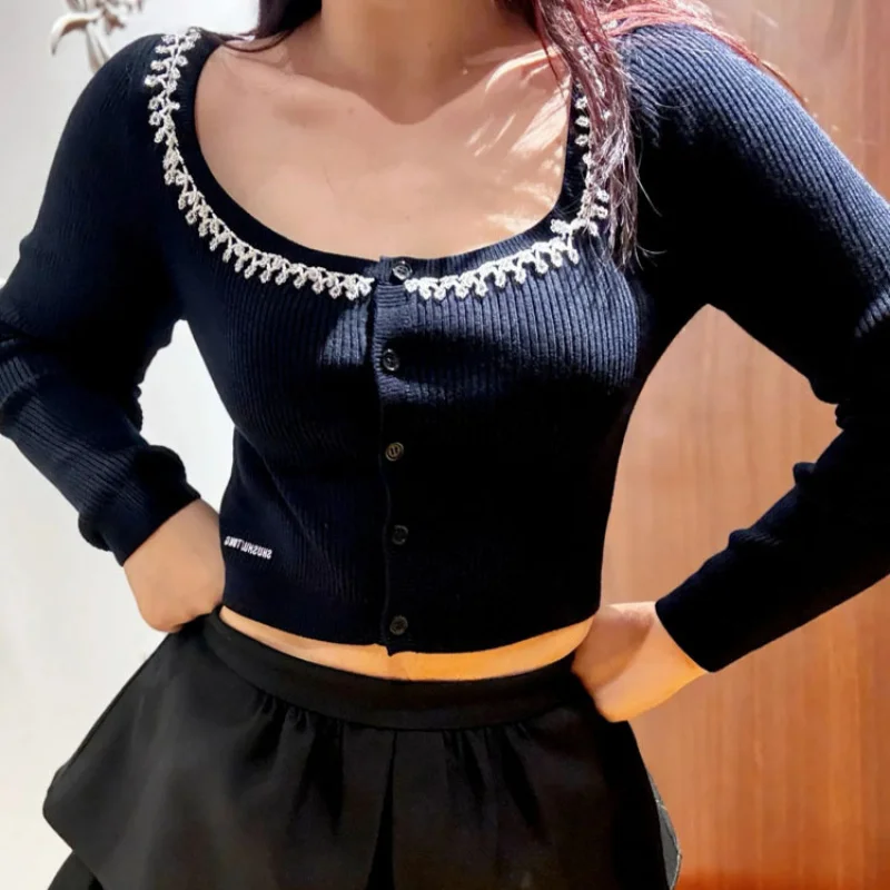 Spot Goods【Christmas Special】Crystal Beaded Low Neck Knitted Cardigan Short Sweater