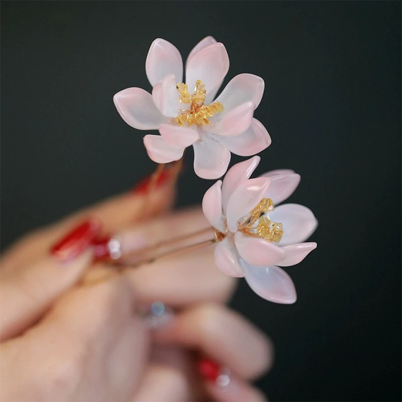 1Pair Vintage Hairpin Glazed Flower Tiara Chinese Hanfu Hair Accessories Lotus Shaped U-shaped Hair Forks Retro Hanfu Headwear