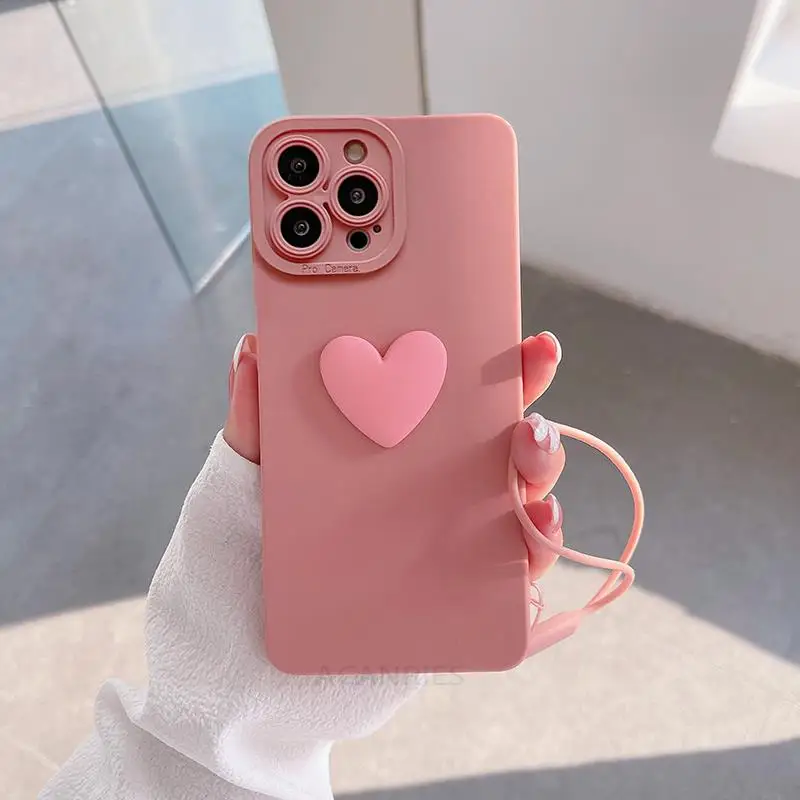 Cute 3D Love Heart Silicone Case For Iphone 14 Plus 13 Pro Max 12 Mini 11 X Xs Xr 7 8 14plus Iphone14 Lanyard Wrist Strap Cover