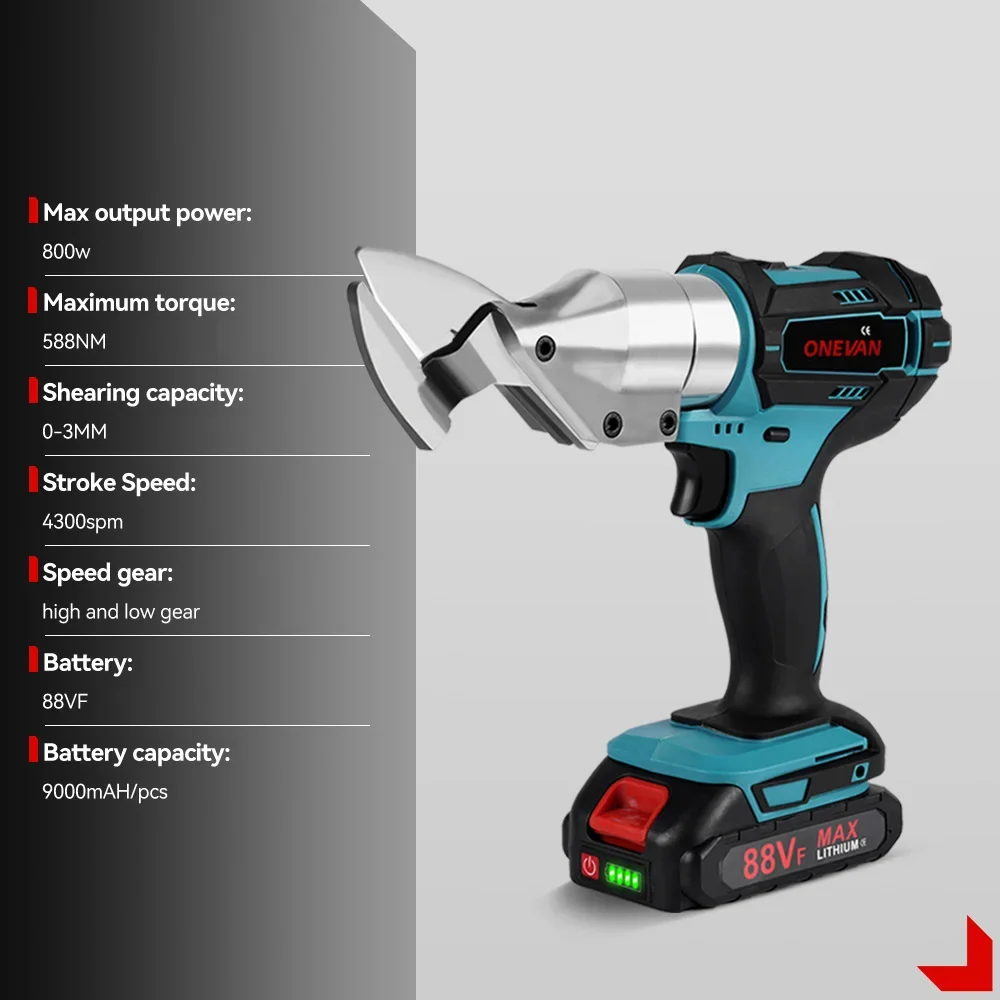 ONEVAN-tijeras eléctricas de hierro de 588NM, tijeras de acero y hierro inalámbricas, cortador de chapa de Metal, herramienta eléctrica de 800W para