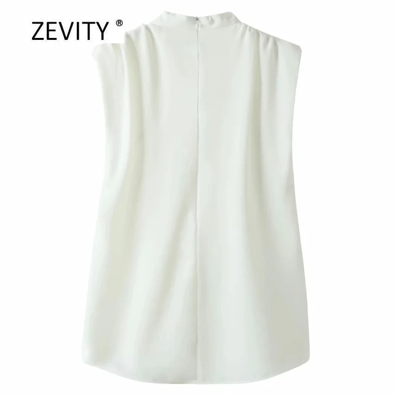 New women fashion solid color stand collar pleats sleeveless smock shirt ladies office blouses chic roupas femininas tops LS6913