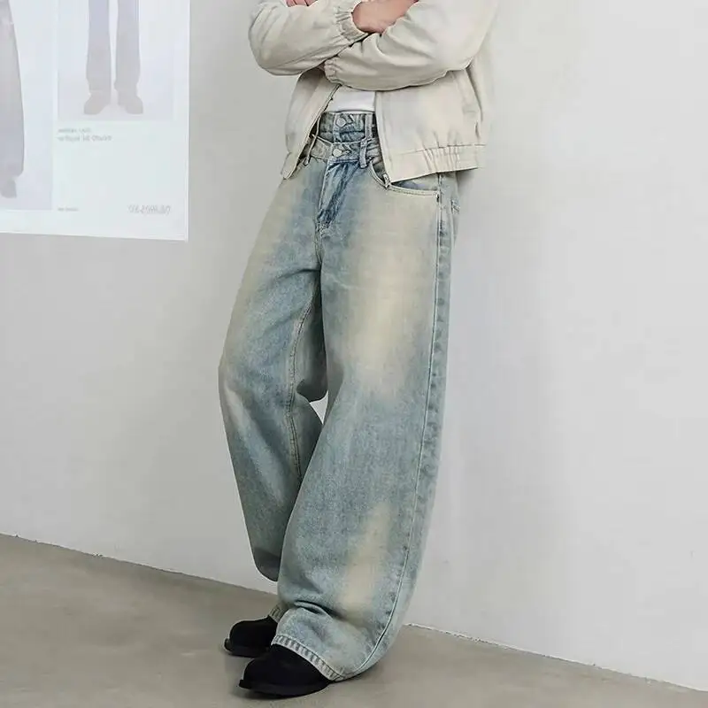 American Style Double Waistband Washed Men's Boot Cut Jeans Spring 2026 New Design Loose Wide Leg Vintage Denim Pants XDNUW
