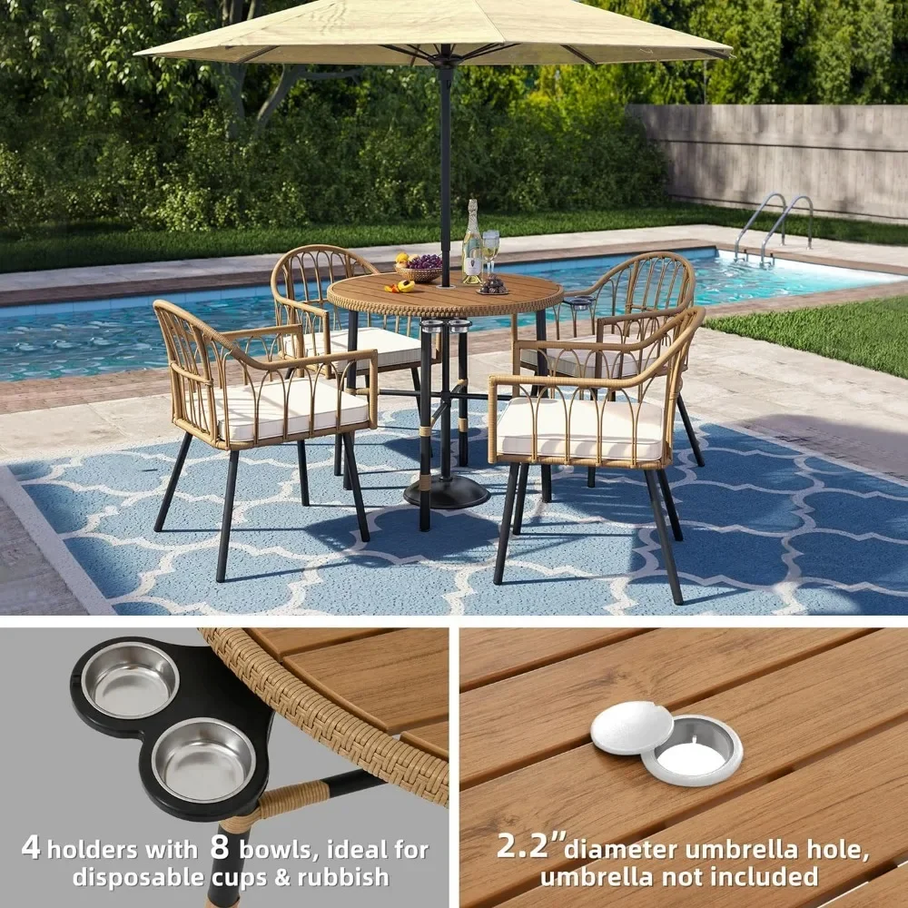 5 PiecesWicker Patio Dining Set,Outdoor Rattan Dining Table Set for Patio, Backyard, Balcony, Garden (with Umbrella Hole)