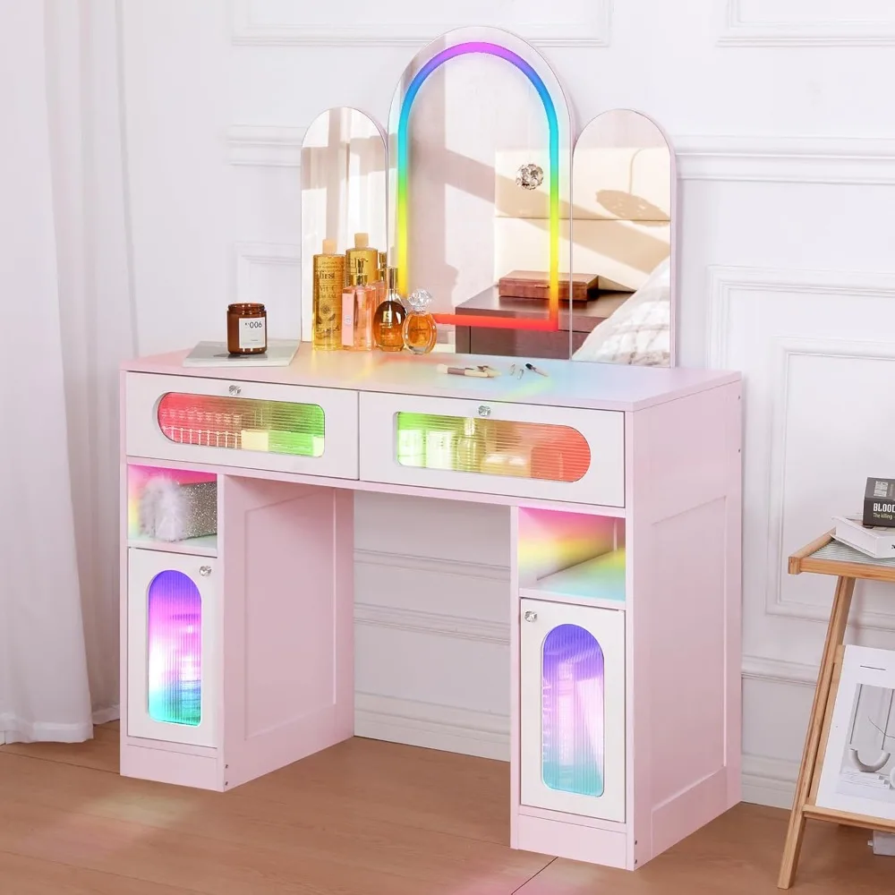 RGB Vanity Desk with Tri-fold Mirror 2 Drawers Vanity Table Gifts for Girls/Women Dressing Table