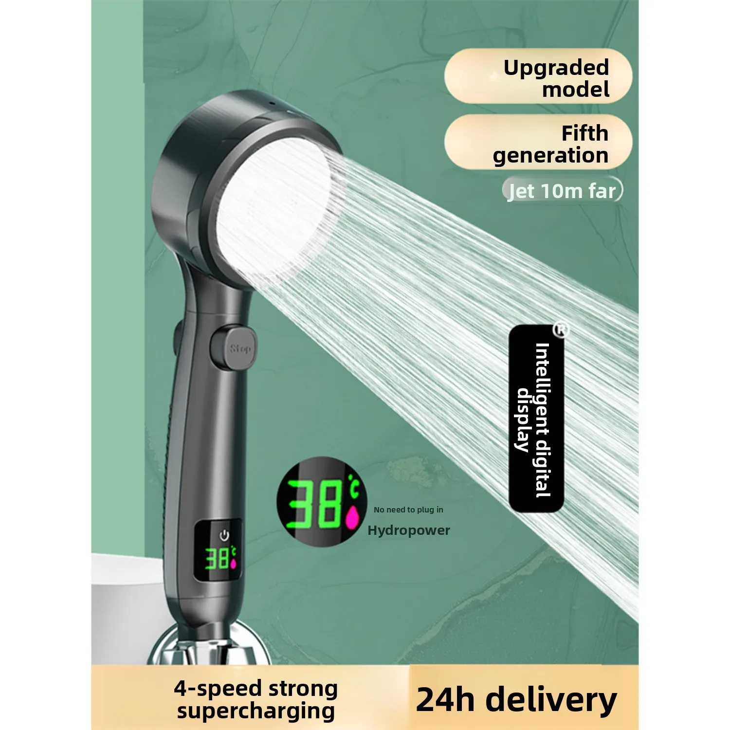 

Smart Digital Display Shower Head Home Bathroom Light Pressure Boost Luxury Shower Set Round Bath Heater Handheld Shower