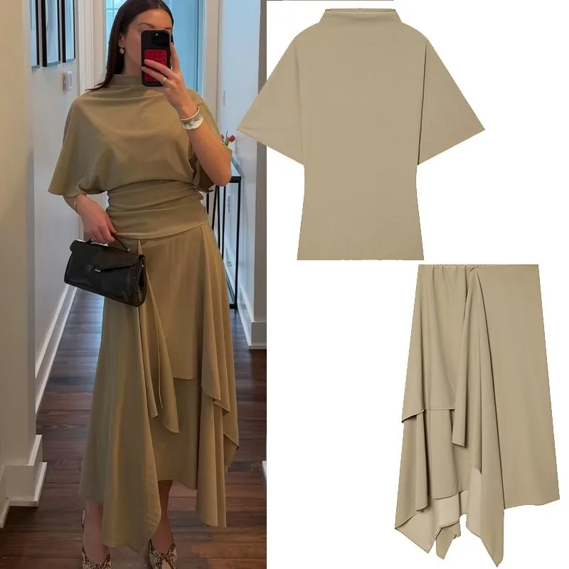 Women's Flowing Midi Waist Skirts Sets New 2026 Spring Summer 2 Piece Loose High-Neck Top+ Asymmetric Skirts Female Outfit