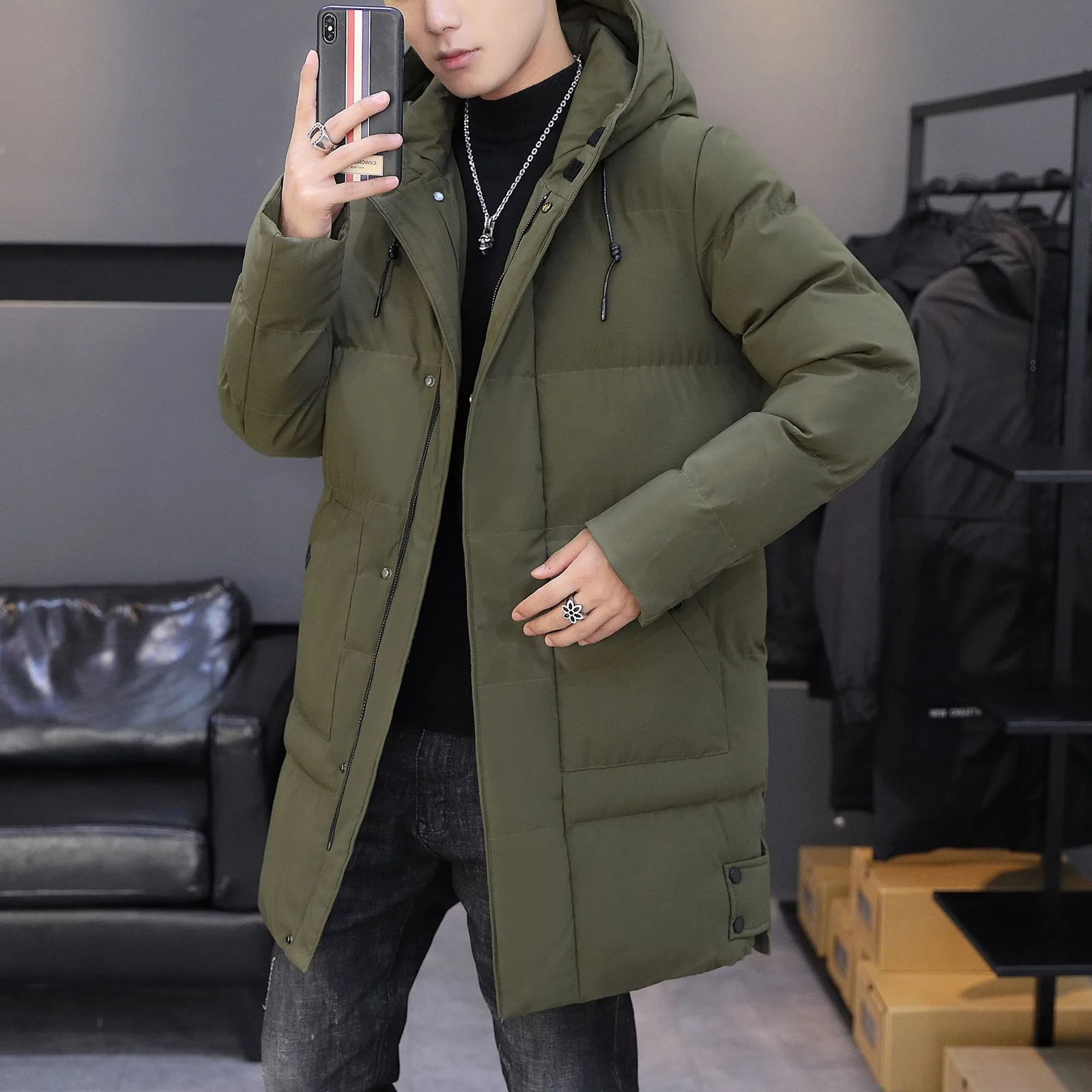 2023 Men Winter Jacket Coat Long Style Parka Hooded Thick Cotton-padded Male Fashion Casual Zipper Fashion Color Coat Top Coat