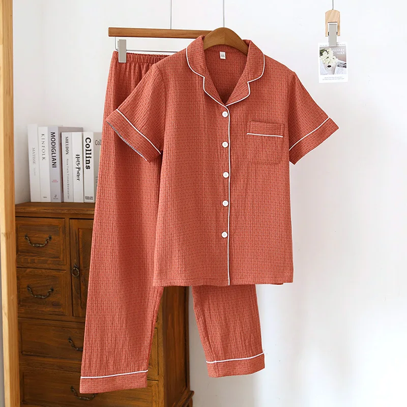 2024 Neues japanisches Frühjahr/Sommer-Pyjama-Set für Paare, 100 % Baumwoll-Krepp, kurze Ärmel und lange Hosen, zweiteiliger Heimanzug, dünner Stil