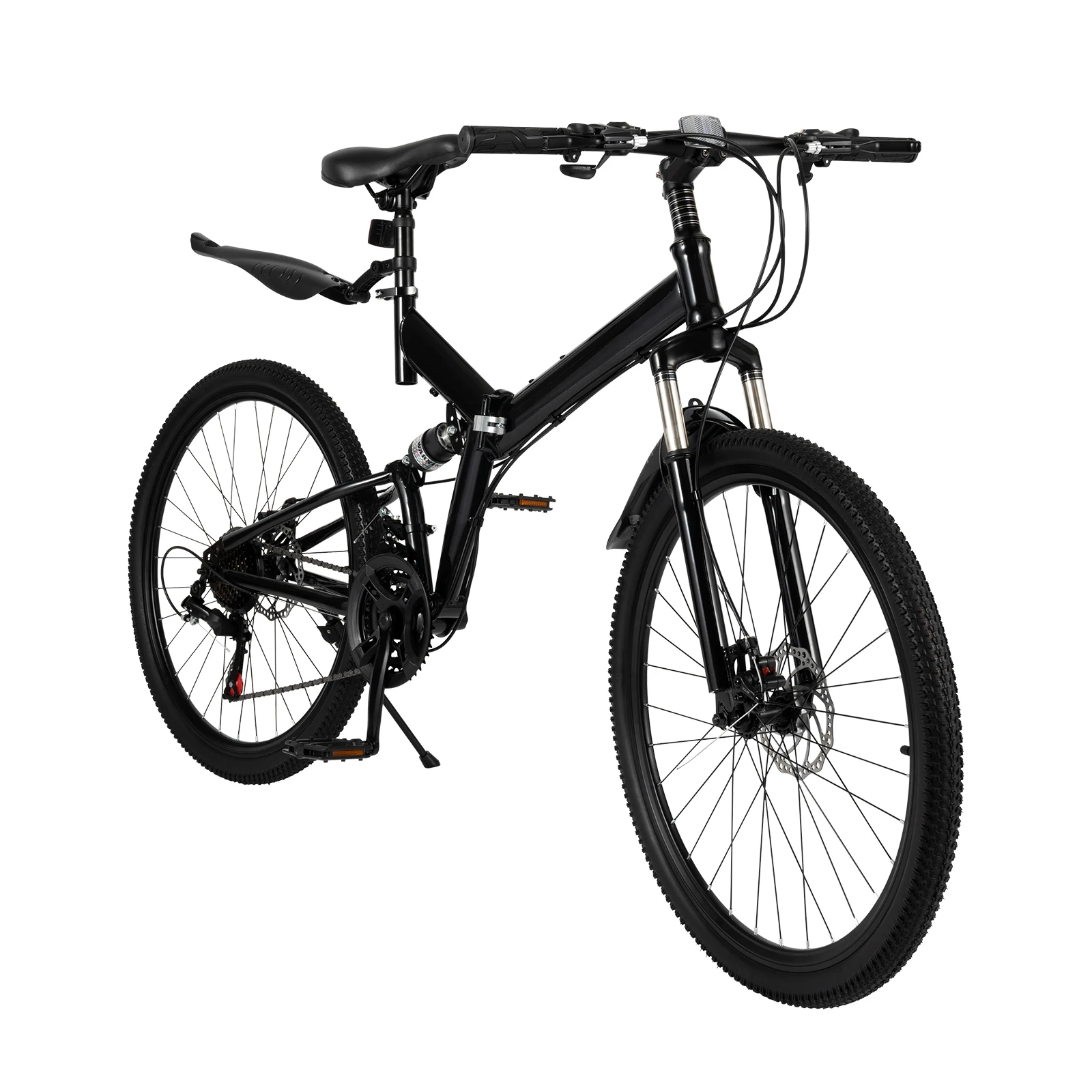 26 Inch Folding Mountain Bike High-Carbon Steel Frame Double Disc Brakes 21 Speed Foldable Mountain Bicycle Oil Suspension Fork