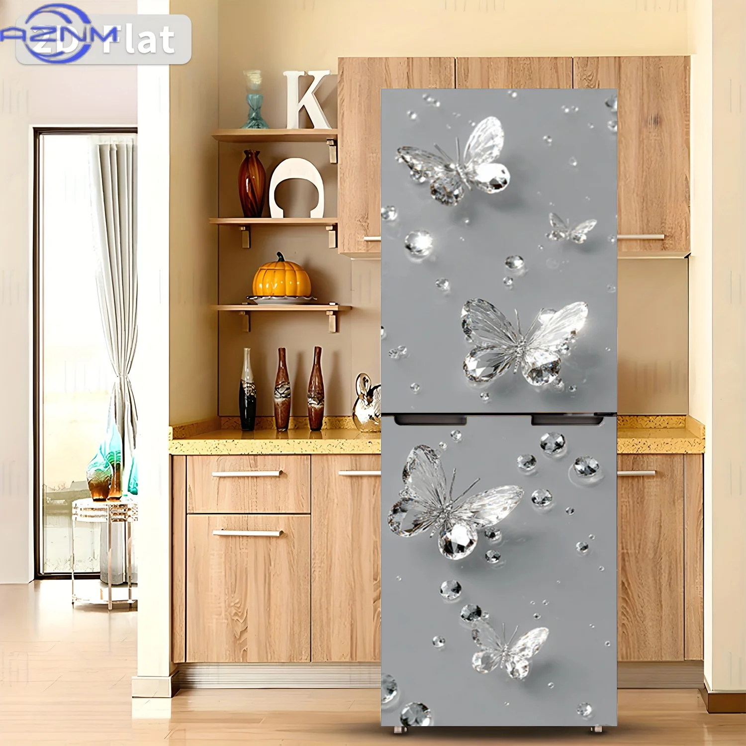 2D Flat Printing 1pc Refrigerator Sticker 60×180cm Crystal Butterfly Dance on Dewdrop Themed Design Self-Adhesive Wall Decal W