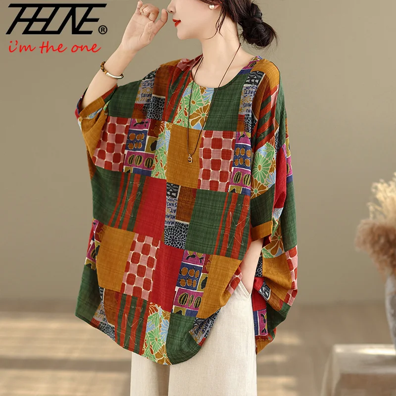 THHONE Women Shirts Print Loose Plus Size Cotton Linen Blouse Fashion Casual Indie Folk Batwing Sleeve O Neck Blusa Mujer Top image 2