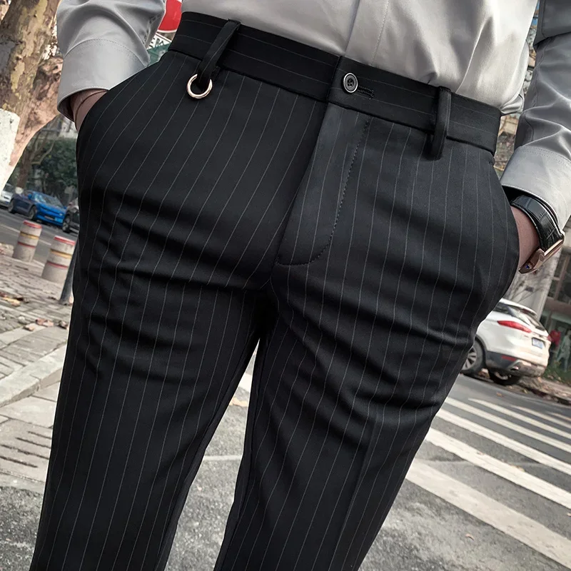 Men\'s Suit Pants Dress Pants New Stretch Slim Straight Black Striped Formal Pants Boutique Fashion Men\'s Clothing Ankle Trouser