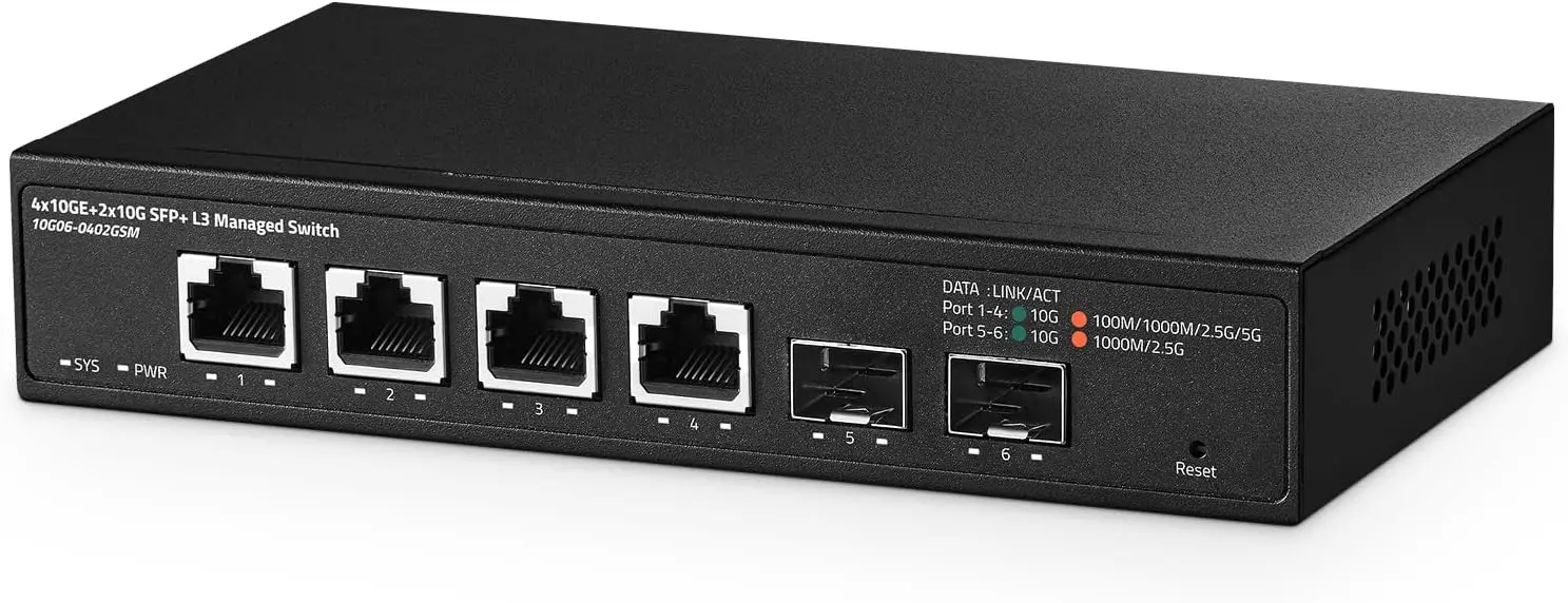 6 Port 10 Gigabit Managed Switch 4x10G RJ45 EthernetSupport 1G/2.5G/5G/10G2 10G SFP+120Gbps Metal Small Network Switch