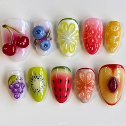 10 Pcs Handmade Manicure Medium Almond Fake Nails Cute Fruit Limited Nails Press On Nails Design with Adhesive Nail File Set