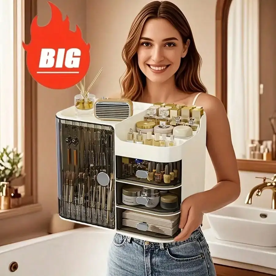 

Multifunctional Cosmetic Storage Box, Semi-Open Large Capacity, With Drawers And Mirror, Suitable For Cosmetics And Skincare