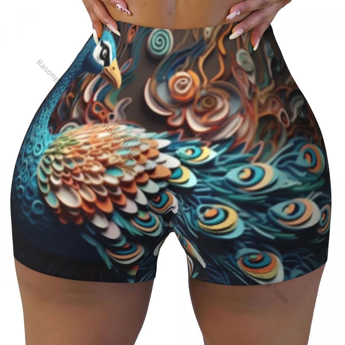 Sexy apertado quadril esportes shorts colorido pavão fitness feminino confortável yoga shorts