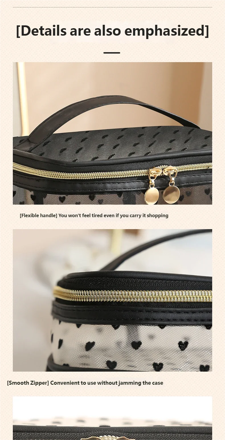 Doppels ch ichten schwarze Mesh Kosmetik tasche Reise tragbare große Kapazität Make-up Fall Organizer Aufbewahrung beutel Reiß verschluss Kultur beutel – Detail 10