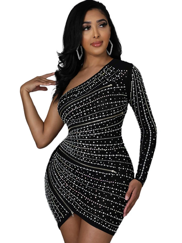 

Szkzk Rhinestone Splicing Multi Zipper One Shoulder Long Sleeve Mini Dress Women Bodycon Prom Diamond Asymmetric Short Dresses