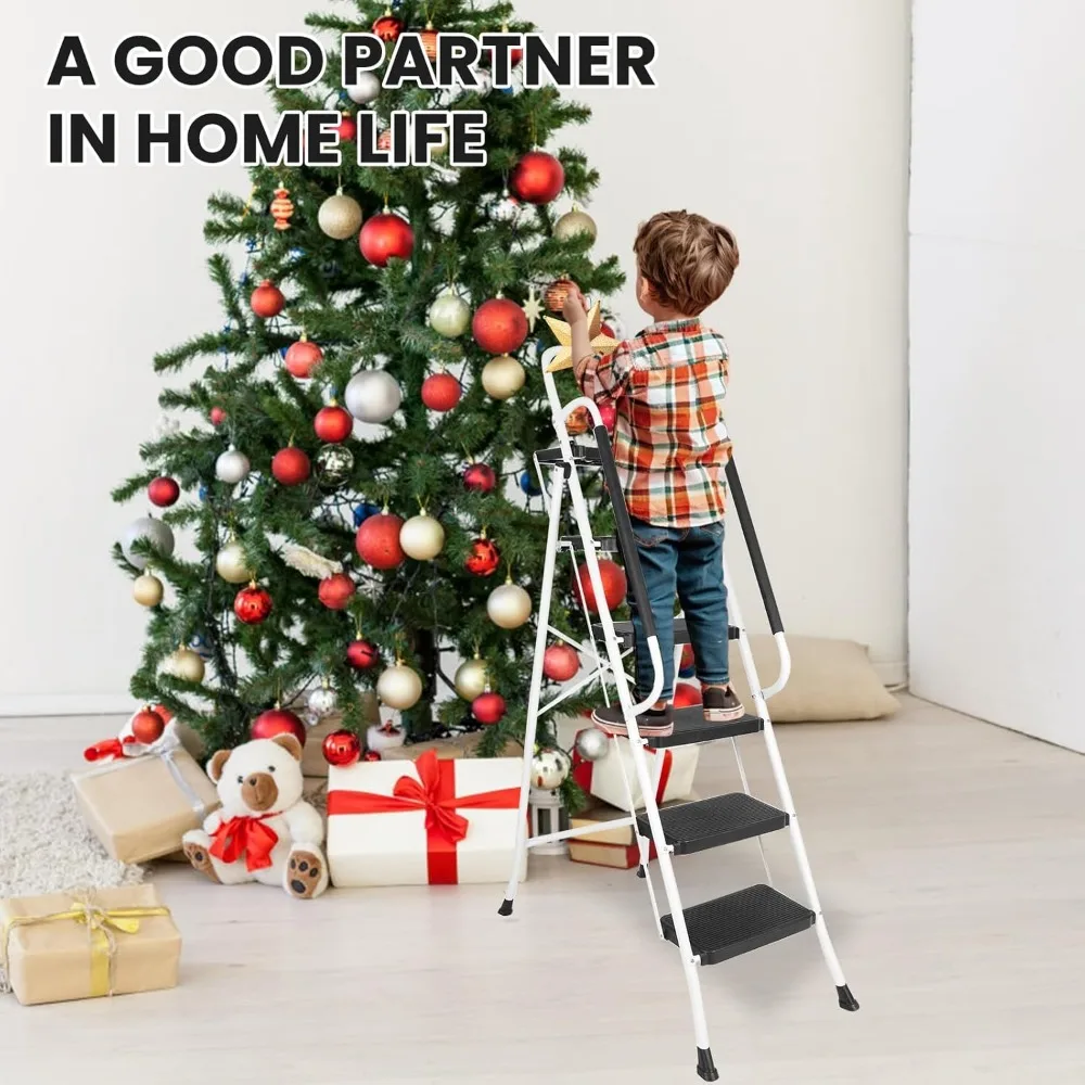 folding 5-step ladder with handrails and tray, 330 lbs capacity, portable steel stool