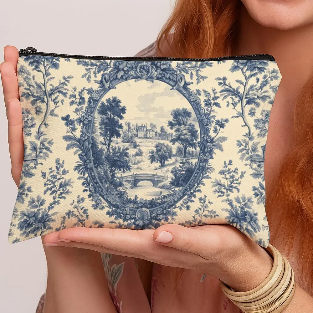 French Toile Blue Print Cosmetic Bag Pastoral Landscape Toiletry Organizer with Zipper Closure Lightweight Travel Makeup Pouch