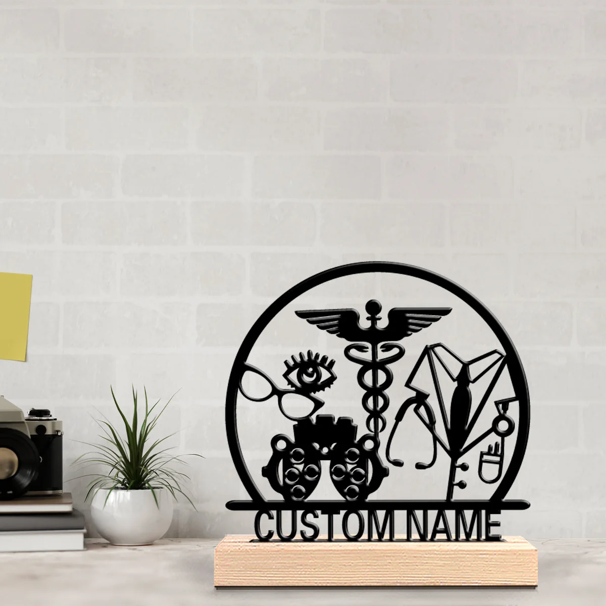 1pc stethoscope Personalized Name Metal Statue Metal Ornament Art Figurine With Wood Base With Wood Base Office Desk