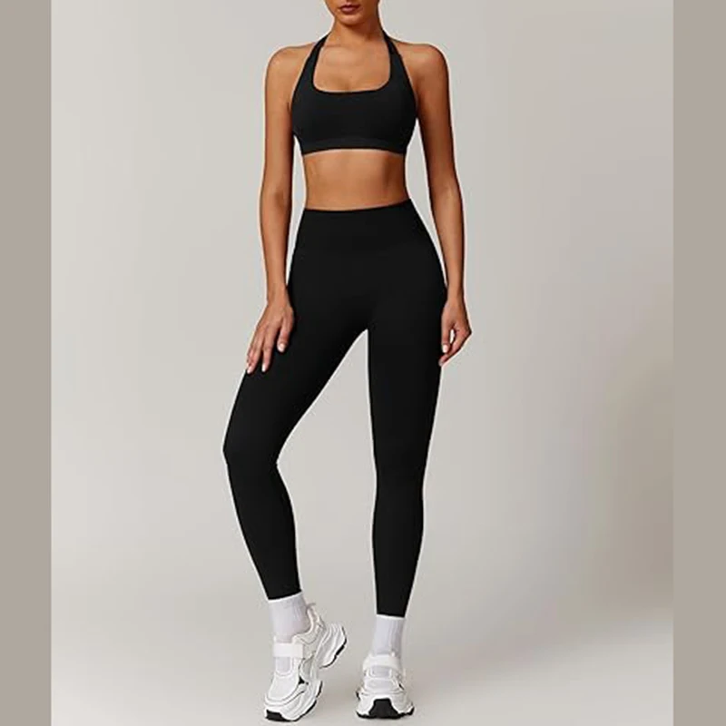 กางเกงเลกกิ้งยกกระชับสะโพกสำหรับผู้หญิง 2 ชิ้น พร้อมสปอร์ตบราแบบกระชับสูง