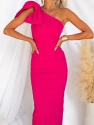 Summer Women Loungewear Fashion Maxi Dress, Sleeveless One Off Shoulder Elegant Party Dress, Skew Collar Bow Ladies Sheath Dress