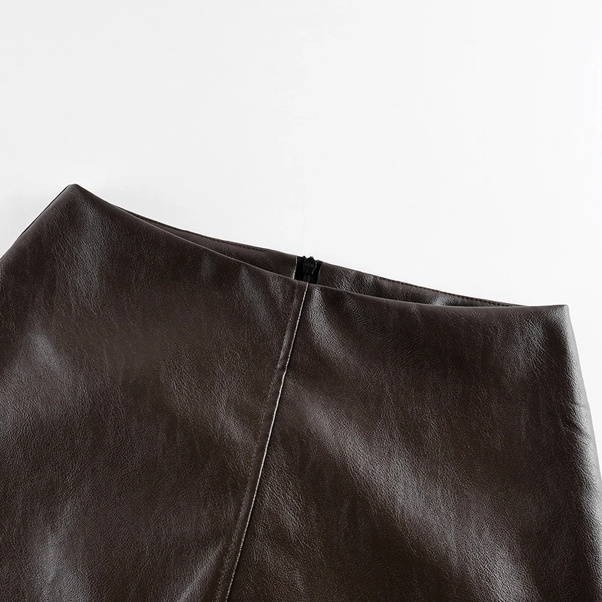 Linad Street Chic Brown PU Split Skirts Women 2026 Fashion Slim High Waist Straight Skirts Casual Knee Length Skirt Female Fall