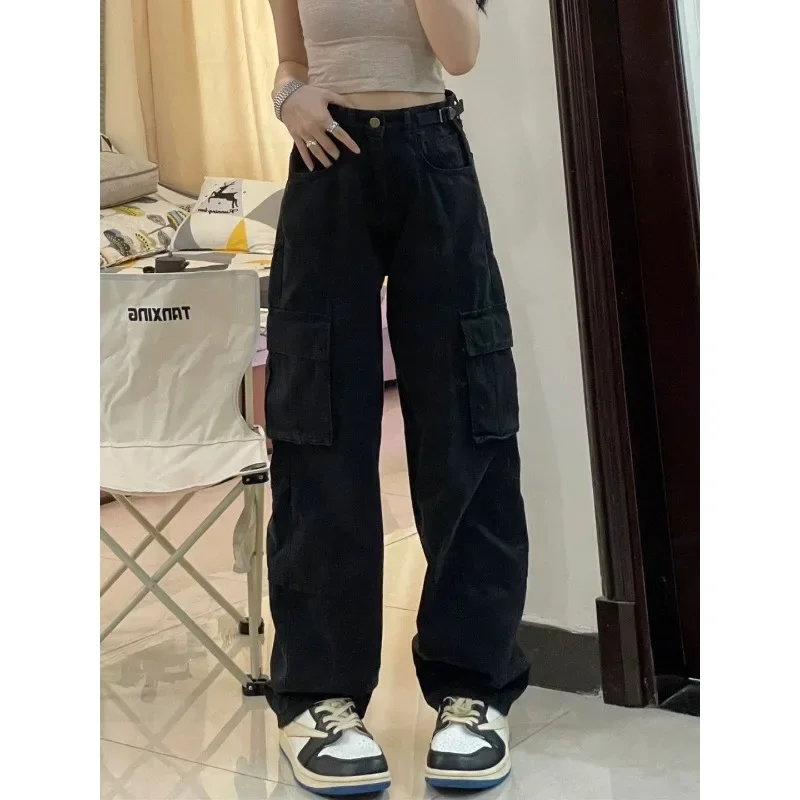 2024 Autumn Large Size Loose Straight Wide-leg  Women  Pants Tide Retro High Street Adjustable Belt Black Overalls Panties