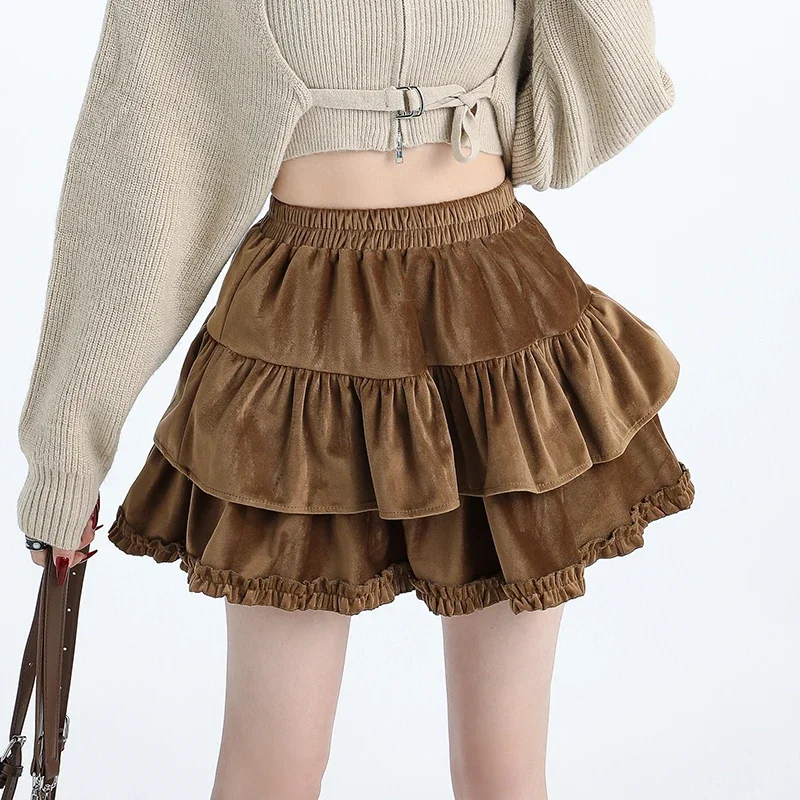 Kawaii Ruffles Velve Skirt for Women Autumn-winter Fashion High-waisted A Line Mini Skirt Female Y2k Dance Faldas Mujer 2024 New