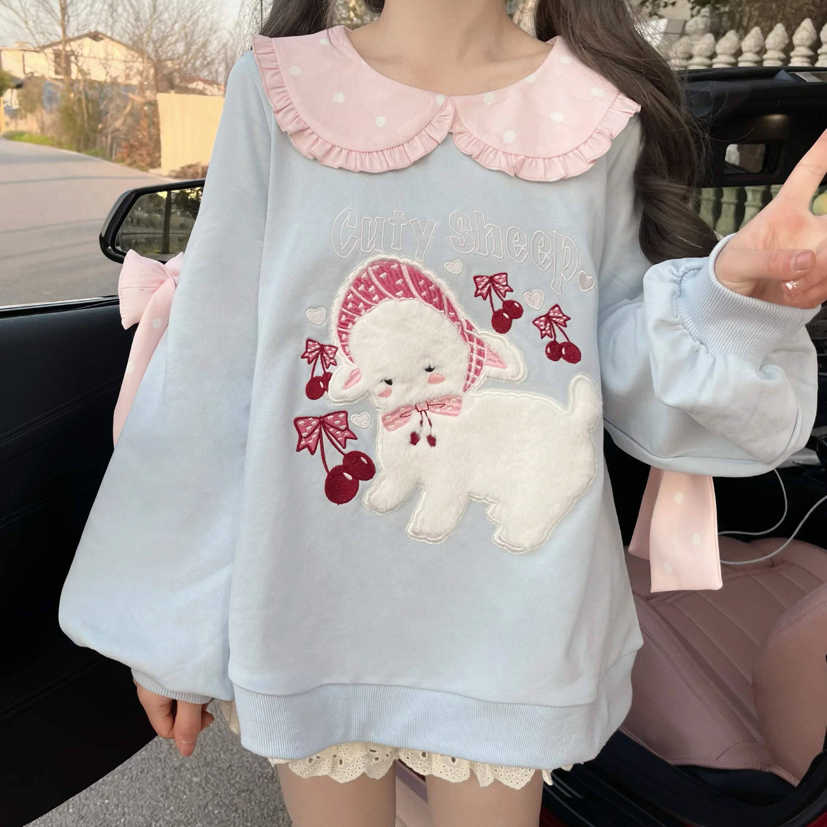 2024 Spring New Blue Pink Off Shoulder Sweet Cute Sweatshirt Pullover Top Soft Girl Women\'s Lolita Off-Shoulder Hoodies