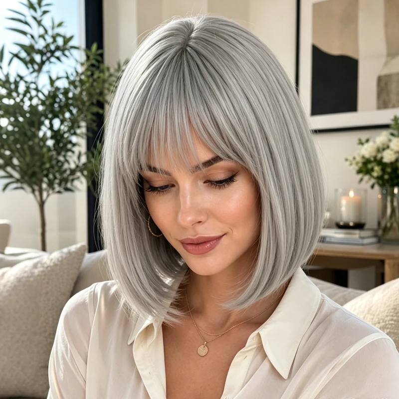 12-inch silver-grey synthetic bob wig with straight hair and fluffy bangs, suitable for women's daily wear and cosplay.