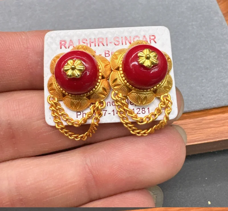 

Chinese Tibetan Style Brass Gold-plated Tassel Earrings With Ethnic