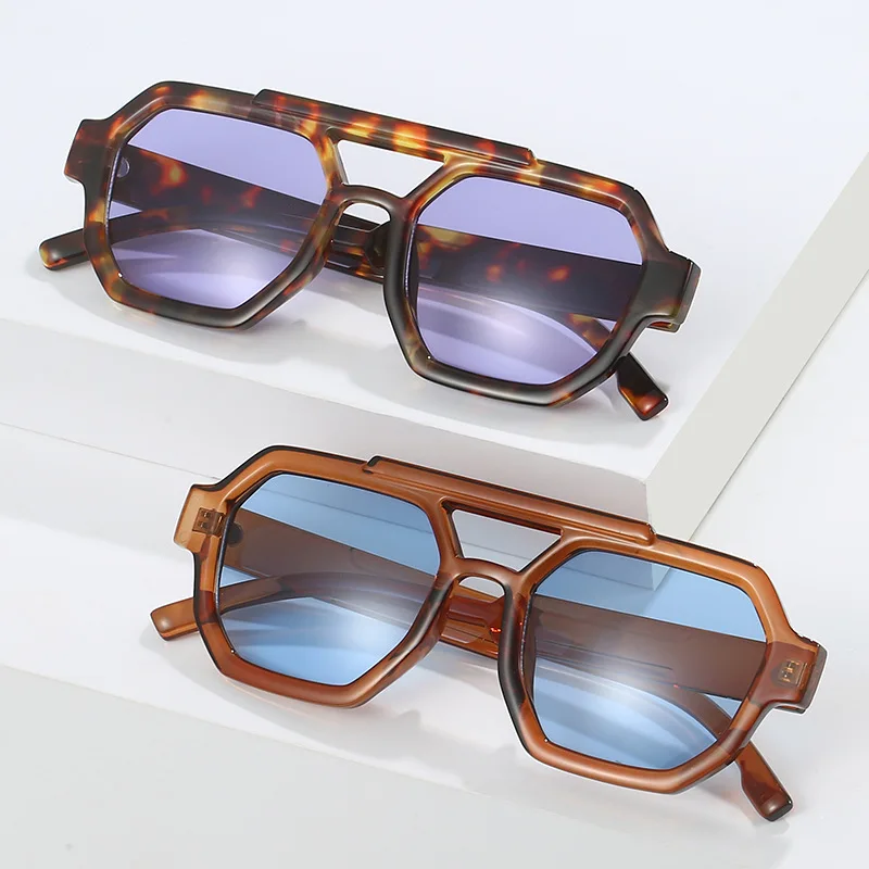 Retro Fashion Pilot Double Beam Geometric Sunglasses Men Women Beach Outdoor Shoping Eyewear Sun Glasses Hipster UV400 Polygon