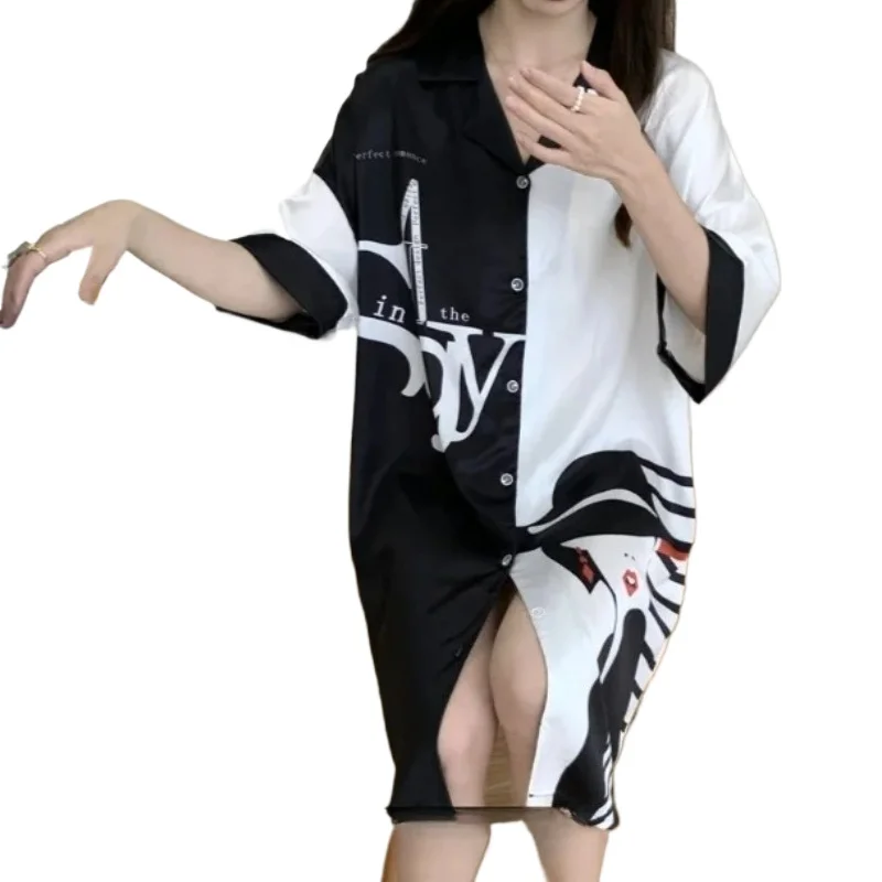 

2026 New Summer Nightdress Women Ice Silk Short Sleeves Sleepwear Sweet Cute Loose Plus Size Mid-length V-neck Loose Loungewear