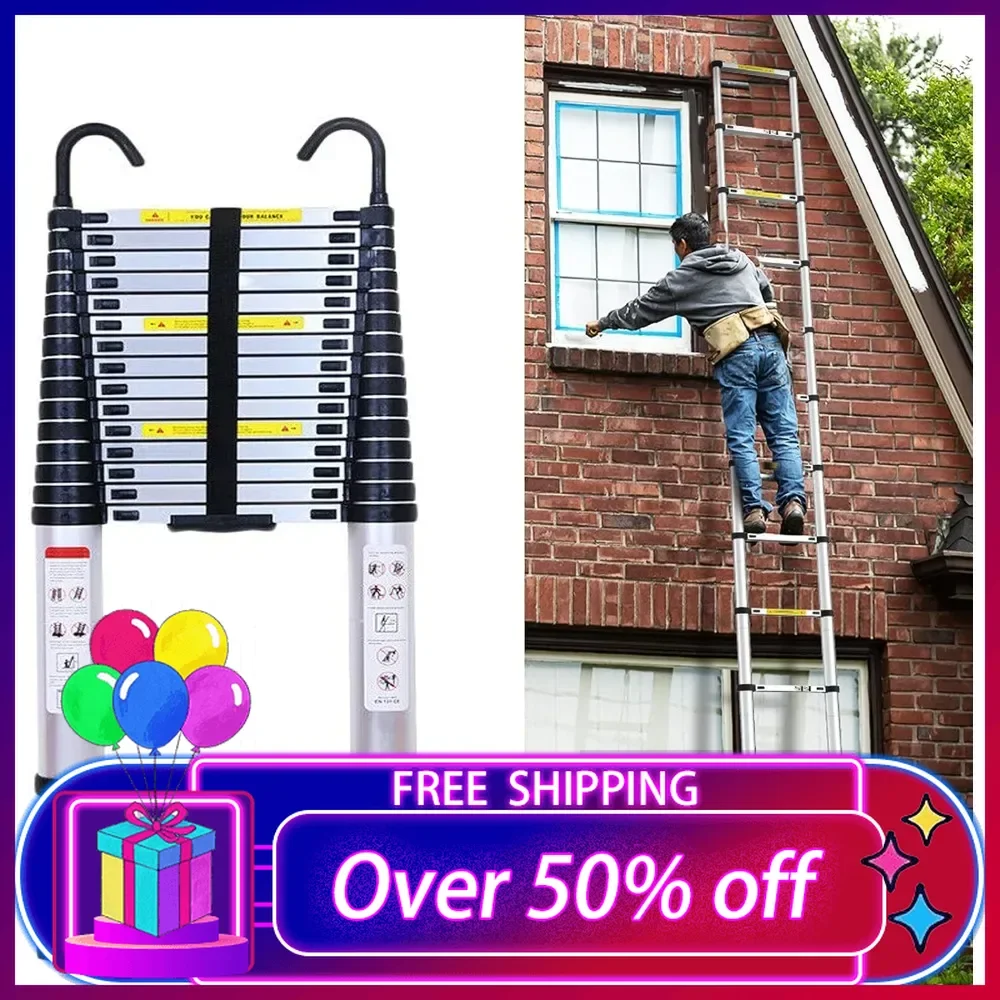 

Aluminum Telescoping Ladder 20.3FT 6.2M Extension Tall Loft Ladder with Hooks Slow Down Design Extendable Ladders Portable