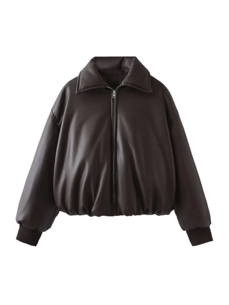 الشارع الشهير امرأة ريترو فضفاض قصير بولي PU فو سترات من الجلد الإناث سستة معطف خمر موتو السائق أبلى المرأة الشتاء جلد الغنم