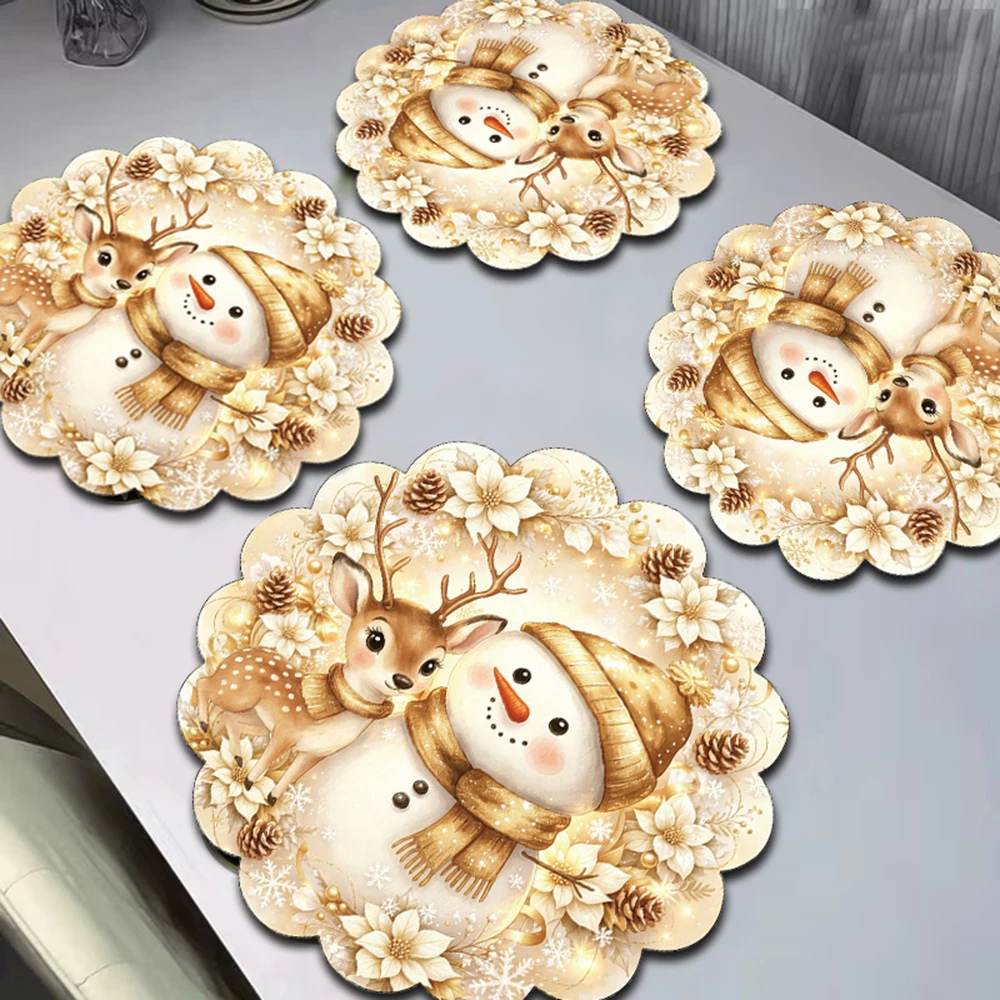 Cute Golden Snowman Reindeer Christmas Placemats Poinsettia Pinecone Snowflakes Dining Table Mats For Christmas Party Decoration