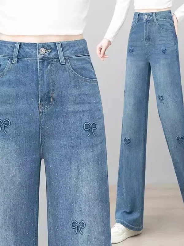 Women's Spring Autumn Embroidered Rhinestone Slimming Loose Wide Leg Jeans Draping Straight Cut Trousers Small Stature